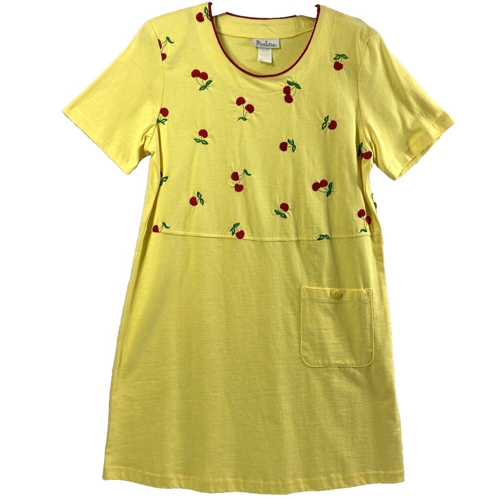 Vintage Womens Fruit Dress Size Small Butter Yellow Embroidered Cherries Cottage